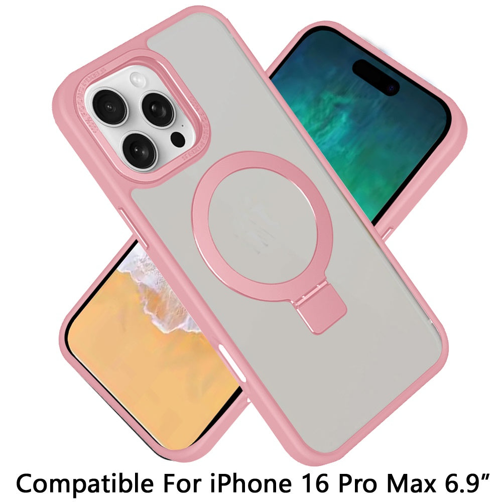 For Apple iPhone 16 Pro Max (6.9") Magnetic Metal Matte Built-in Compatible with MagSafe Stand Hybrid Shock Armor TPU Case Cover Pink