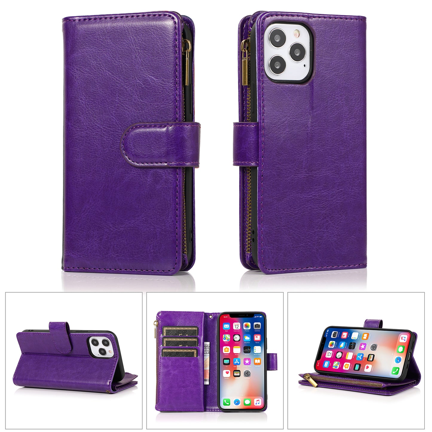 For Apple iPhone 16 (6.1") Leather Zipper Wallet Case 9 Credit Card Slots Cash Money Pocket Clutch Pouch Stand & Strap Case Cover Purple