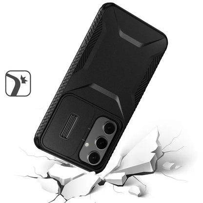 For Samsung Galaxy S24 Slim Fit Shockproof Hybrid with Slide Camera Window Covering, Rugged Tpu Silicone Hard PC Bumper Case Cover Black