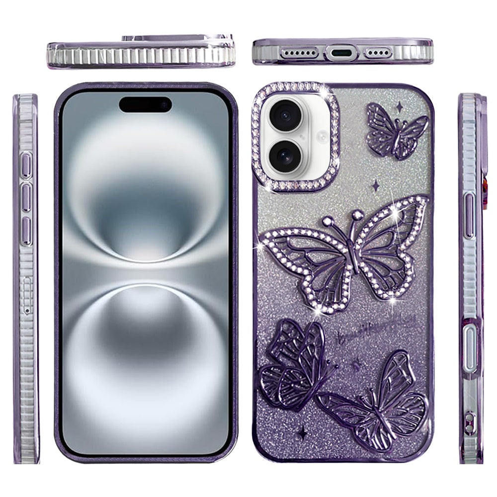 For Apple iPhone 12, Apple iPhone 12 Pro Luxury Butterfly Sparkle Glitter Diamond Crystal Rhinestone Shimmer Bling Plating Thick TPU Hard PC Case Cover