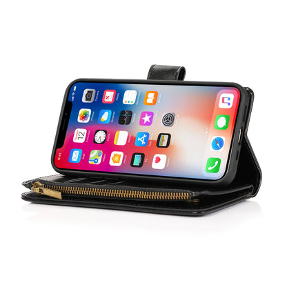 For Apple iPhone 11 (6.1") Leather Zipper Wallet Case 9 Credit Card Slots Cash Money Pocket Clutch Pouch with Stand & Strap Case Cover Black