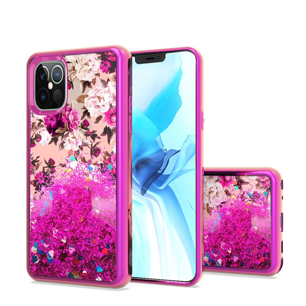 For Apple iPhone 13 Pro (6.1") Waterfall Quicksand Flowing Liquid Glitter Water Design Electroplating Bling TPU Hybrid Frame Protective  Phone Case Cover