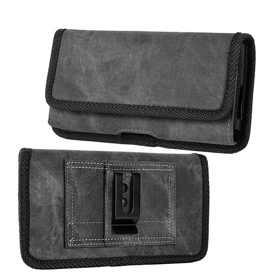 For Samsung Galaxy A03S Universal Horizontal Cell Phone Case Fabric Holster Carrying Pouch with Belt Clip and 2 Card Slots fit Large Devices 6.3" [Black Denim]