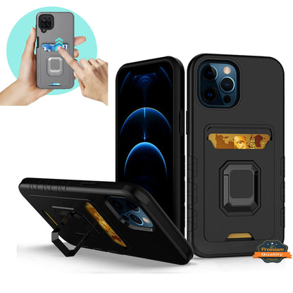 For Apple iPhone 13 /Pro Max Credit Card Holder Slot with Stand Kickstand Ring Hybrid Heavy Duty Defender Armor TPU Military Grade  Phone Case Cover