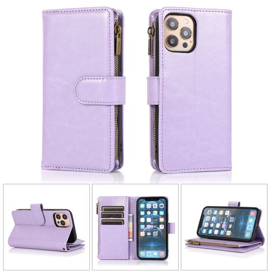 For Motorola Moto G Stylus 2022 4G Leather Zipper Wallet Case 9 Credit Card Slots Pocket Clutch Pouch with Stand & Strap Lavender Phone Case Cover