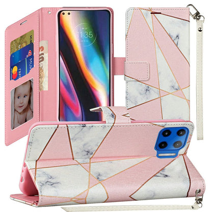 For Samsung Galaxy S22 Wallet Case PU Leather Design Pattern with Credit Card Slot Strap, Stand Magnetic Folio Pouch Pink Marble Phone Case Cover