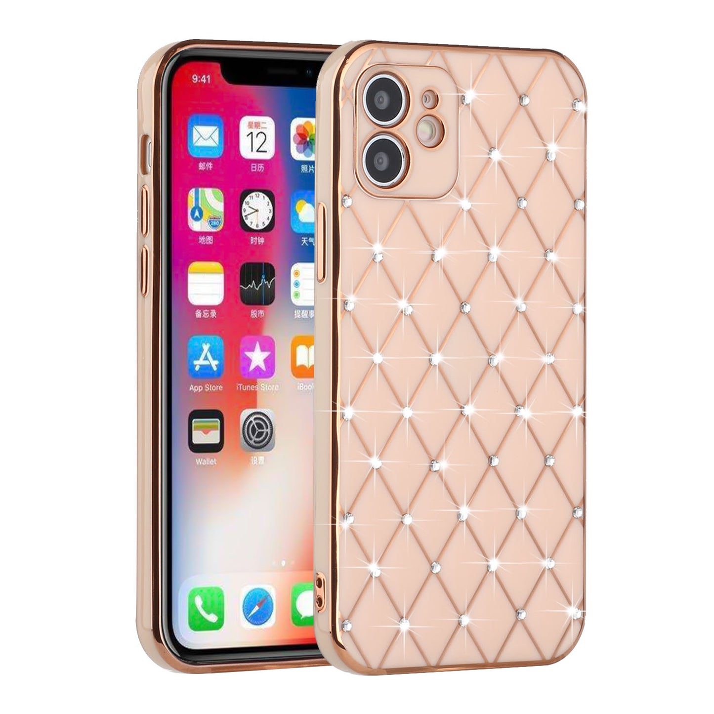 For Apple iPhone 14 (6.1") Luxury Diamonds on Electroplated Grid Design Rhinestone Protective TPU Hard PC  Phone Case Cover