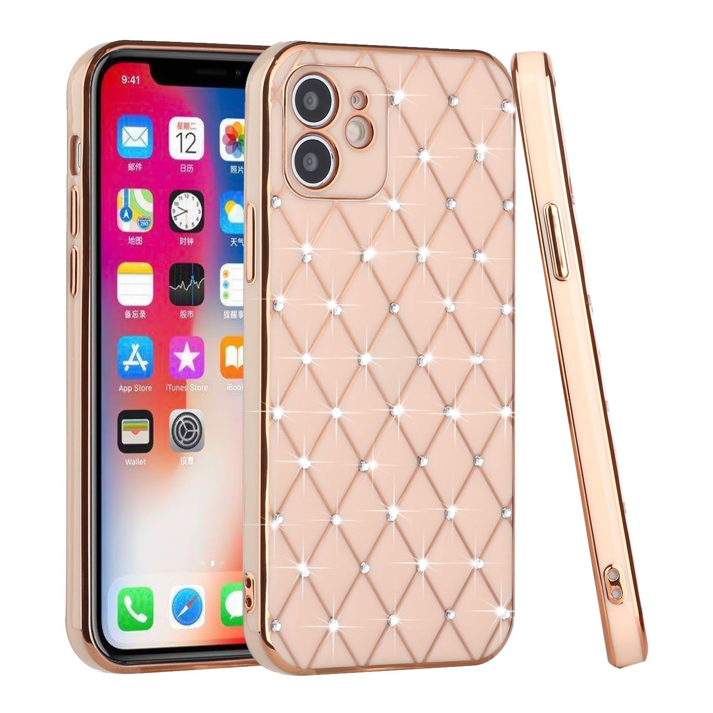 For Apple iPhone 14 (6.1") Luxury Diamonds on Electroplated Grid Design Rhinestone Protective TPU Hard PC  Phone Case Cover