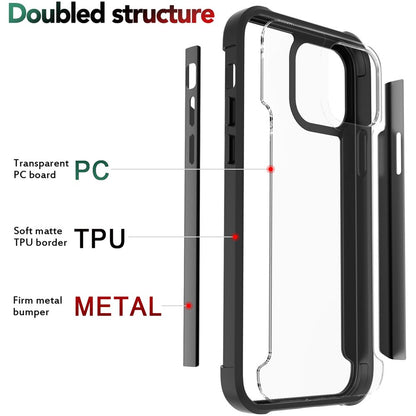 For Apple iPhone 13 (6.1") Hybrid Aluminum Alloy Metal Clear Transparent Back PC TPU Bumper Shockproof  Phone Case Cover