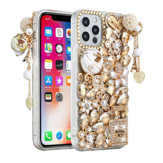 For Apple iPhone 12 /12 Pro (6.1") Bling Crystal 3D Full Diamonds Pearl Luxury Sparkle Rhinestone Glitter Hybrid Ultimate Multi Ornament Gold Phone Case Cover