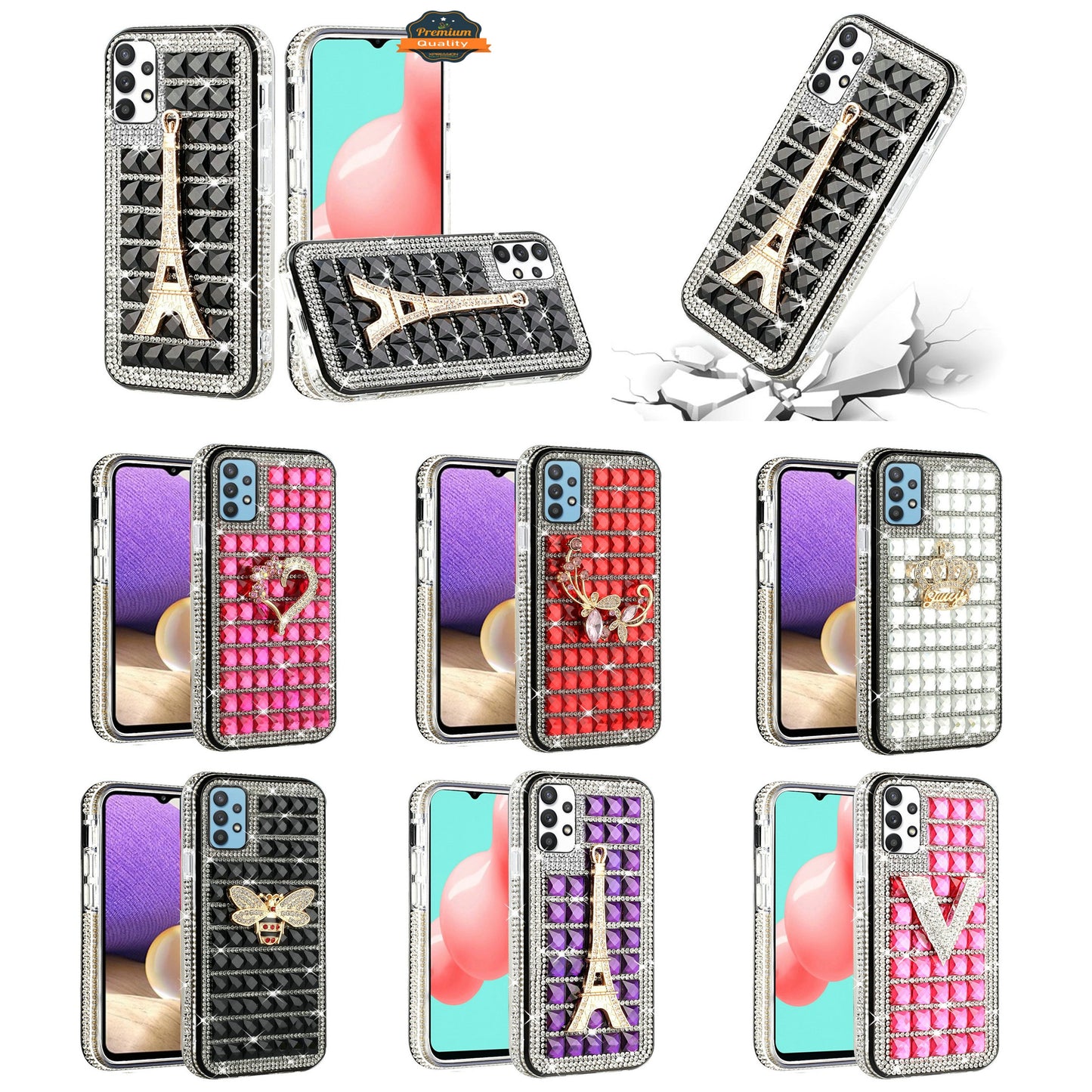 For Apple iPhone 12 Pro Max (6.7") Fashion Luxury 3D Bling Diamonds Rhinestone Jeweled Ornament Shiny Crystal Hybrid Hard  Phone Case Cover