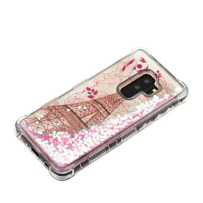 For Samsung Galaxy S9 Plus Quicksand Liquid Glitter Bling Hybrid Flowing Sparkle Fashion Protector Skin Eiffel Tower Phone Case Cover