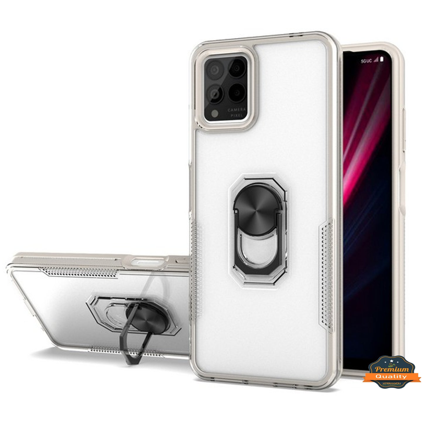 For T-Mobile Revvl 6 Pro 5G Transparent Hybrid with Ring Stand (works with Car Mount) Detachable Frame Bumper  Phone Case Cover