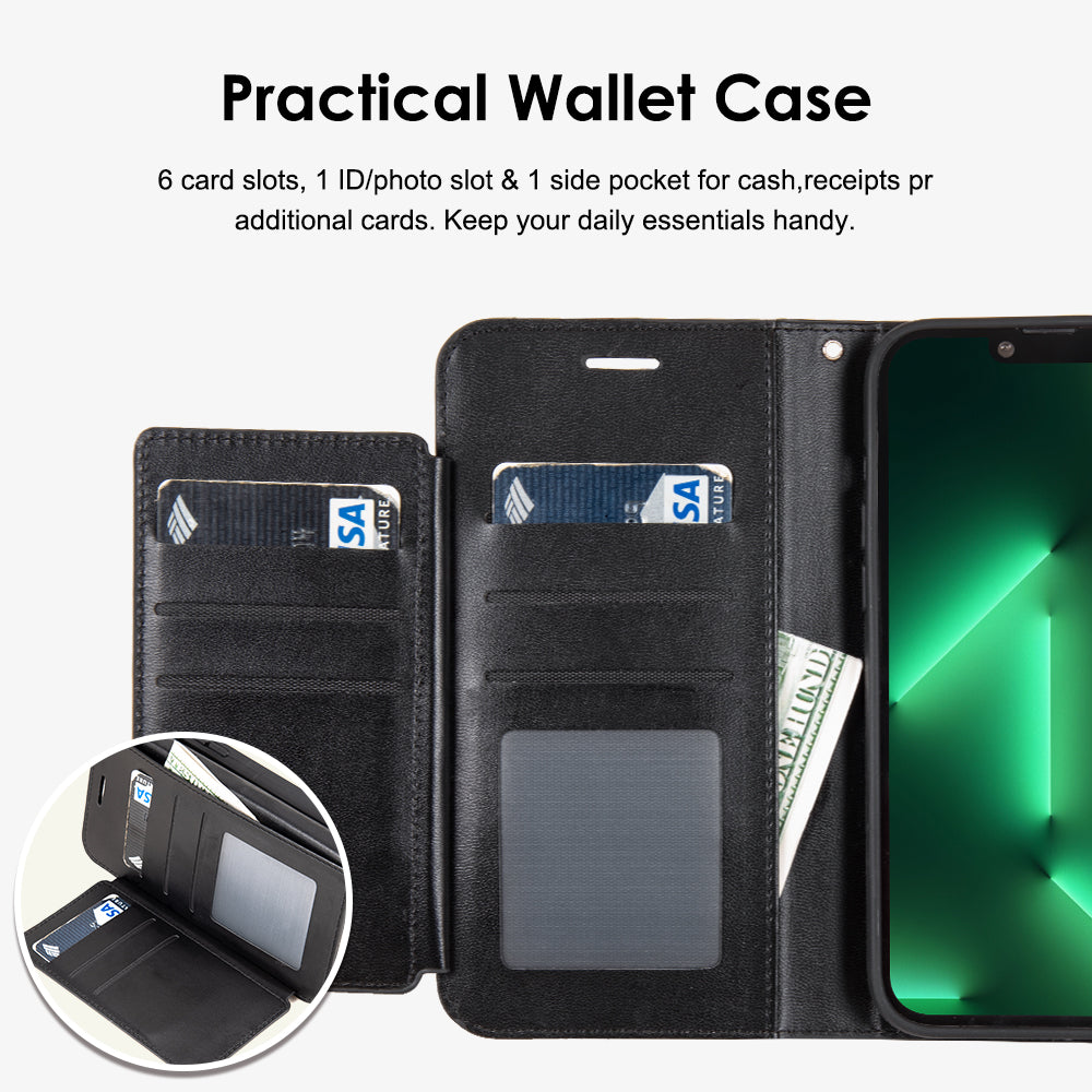 For Apple iPhone 13 Pro Max (6.7") Leather Wallet Case with 6 Credit Card, Cash Slost and Lanyard Dual Flip Pouch Pocket Stand  Phone Case Cover