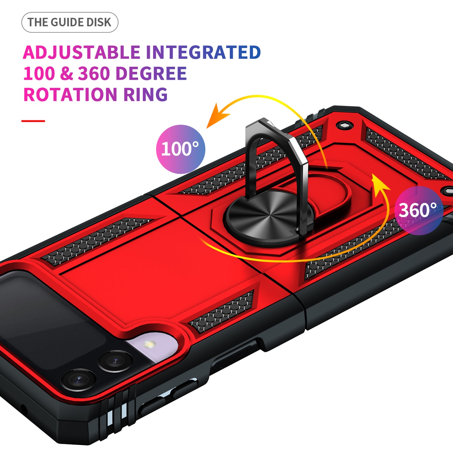 For Samsung Galaxy Z Flip 3 5G Hybrid Durable Dual Layer 360 Degree Rotatable Ring Stand Holder Kickstand Fit Magnetic Car Mount Red Phone Case Cover