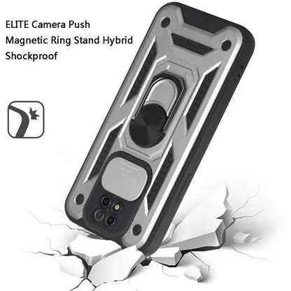 For Motorola Moto G Play 2021 Hybrid Cases with Slide Camera Lens Cover and Ring Holder Kickstand Rugged Dual Layer Heavy Duty Silver Phone Case Cover