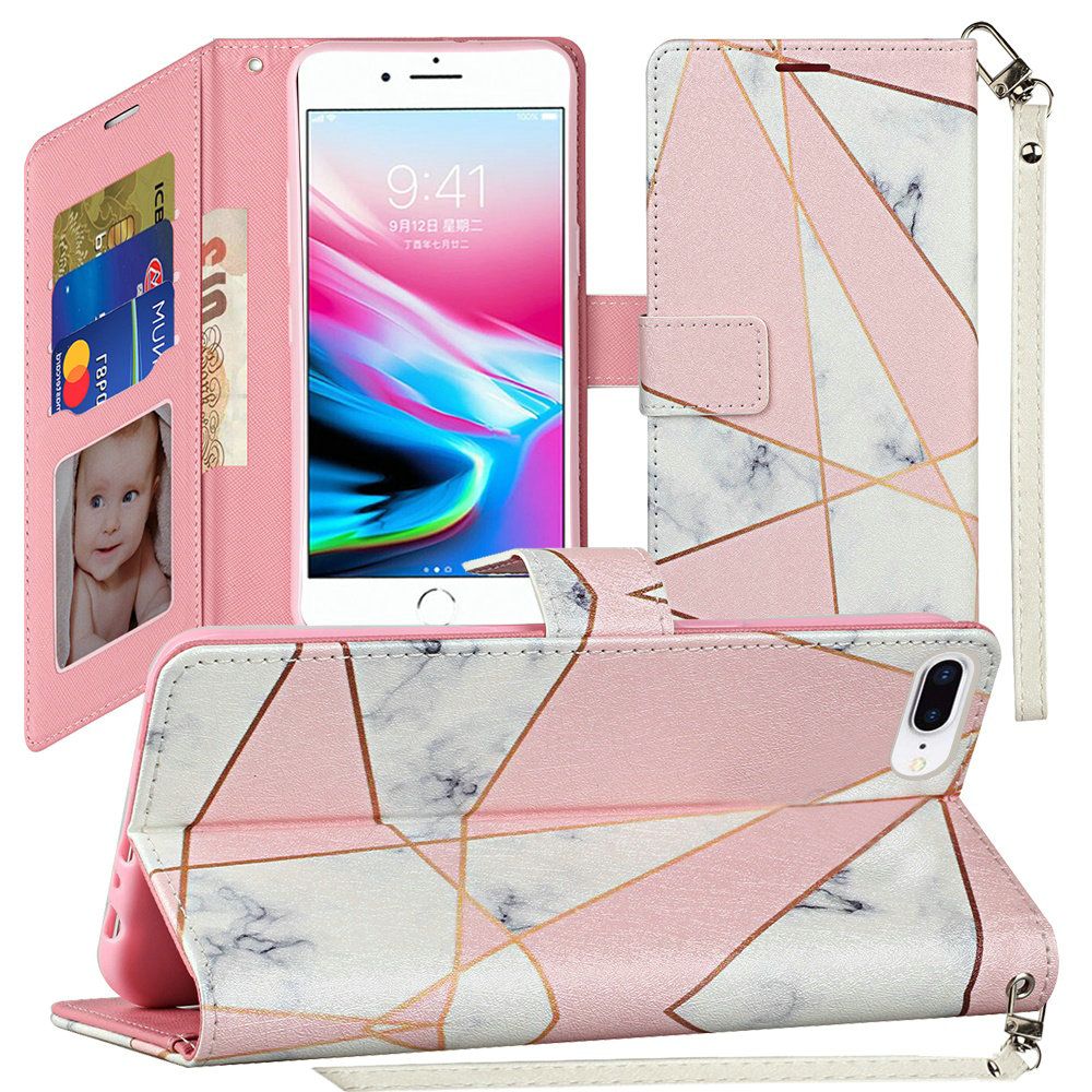 For Samsung Galaxy S22 Wallet Case PU Leather Design Pattern with Credit Card Slot Strap, Stand Magnetic Folio Pouch Pink Marble Phone Case Cover