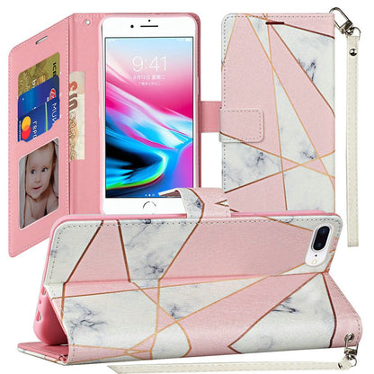 For Samsung Galaxy S22 Wallet Case PU Leather Design Pattern with Credit Card Slot Strap, Stand Magnetic Folio Pouch Pink Marble Phone Case Cover