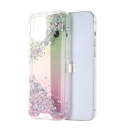 For Apple iPhone 13 (6.1") Pattern Clear Design Transparent Glitter Bling Hybrid Plastic Hard Back TPU Rubber Armor  Phone Case Cover