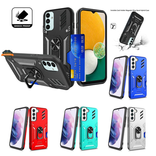 For Samsung Galaxy S22 Ultra Invisible Wallet Credit Card Holder with Ring Stand Kickstand Heavy Duty Slim Shockproof Hybrid  Phone Case Cover