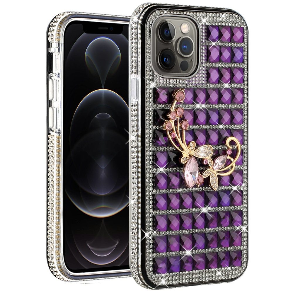 For Apple iPhone 12 Pro Max (6.7") Fashion Luxury 3D Bling Diamonds Rhinestone Jeweled Ornament Shiny Crystal Hybrid Hard  Phone Case Cover