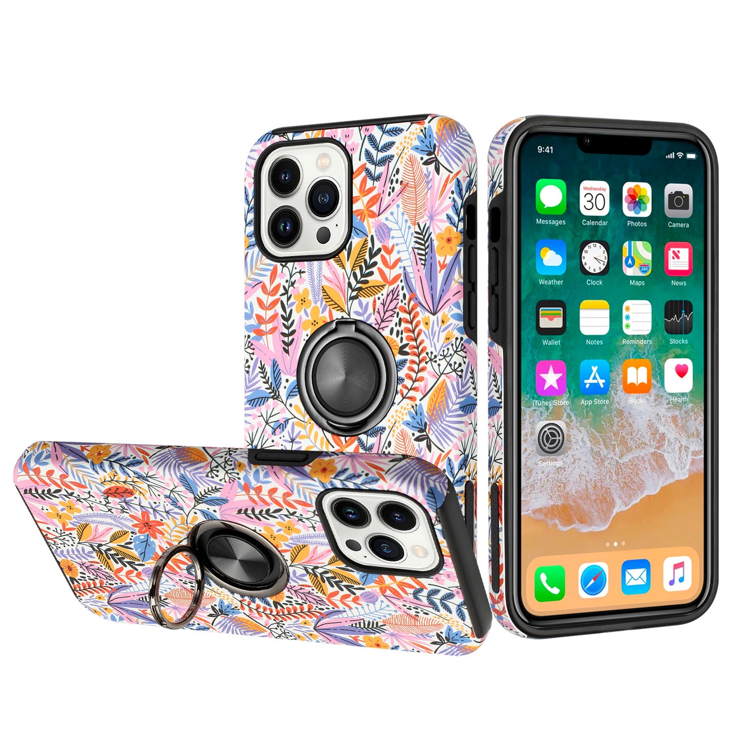 For Apple iPhone 14 /Plus Pro Max Fashion Pattern Design Magnetic Ring Stand Hybrid TPU Hard Back Shockproof  Phone Case Cover