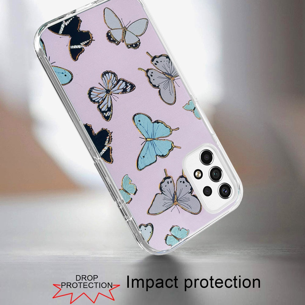 For Samsung Galaxy A13 5G Stylish Gold Layer Printing Design Hybrid Rubber TPU Hard PC Shockproof Armor Rugged Slim Butterflies Phone Case Cover