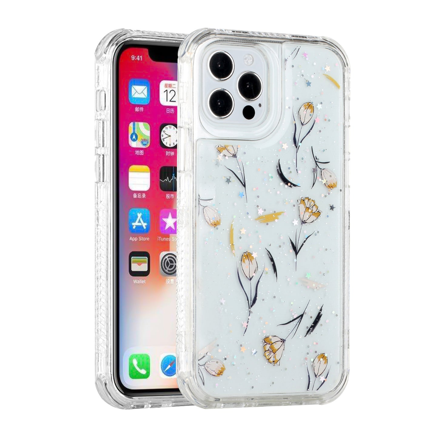 For Apple iPhone 11 (6.1") Sparkle Glitter Floral Epoxy Design Shockproof Hybrid Fashion Bling Rubber TPU  Phone Case Cover