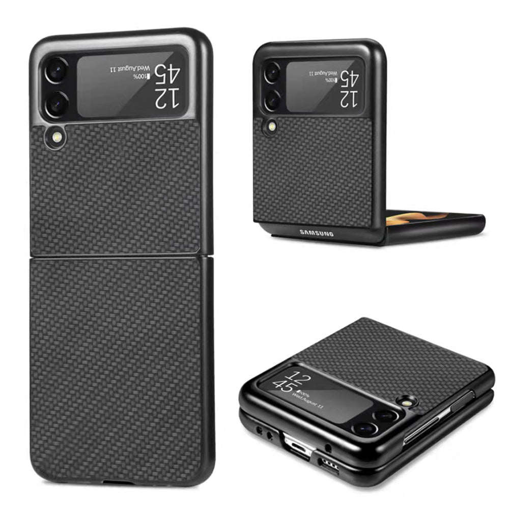 For Samsung Galaxy Z Flip 3 5G PU Rubberized Leather Flip Hybrid Shockproof Texture Rugged Hard TPU Anti Slippery Black Phone Case Cover