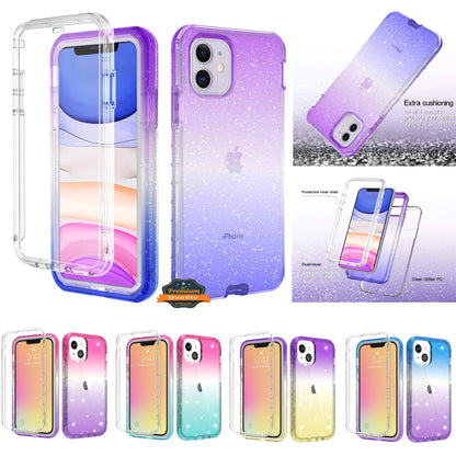 For Apple iPhone 13 Pro Max Mini Clear Gradient Glitter Bling Sparkly Hybrid Hard PC Soft TPU Bumper and Front Frame Drop Protective  Phone Case Cover