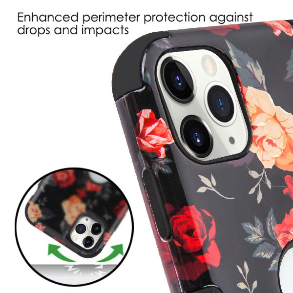 For Apple iPhone 11 Pro Hybrid Three Layer Hard PC Shockproof Heavy Duty TPU Rubber Anti-Drop Red and White Roses Phone Case Cover