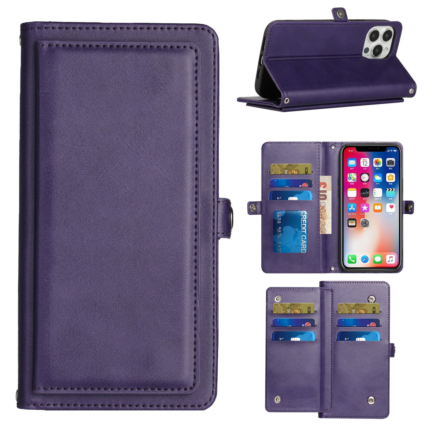 For Samsung Galaxy S22 Ultra Luxury 9 ID Cash Credit Card Slots Holder Carrying Pouch Folio Flip PU Leather Lanyard & Stand  Phone Case Cover