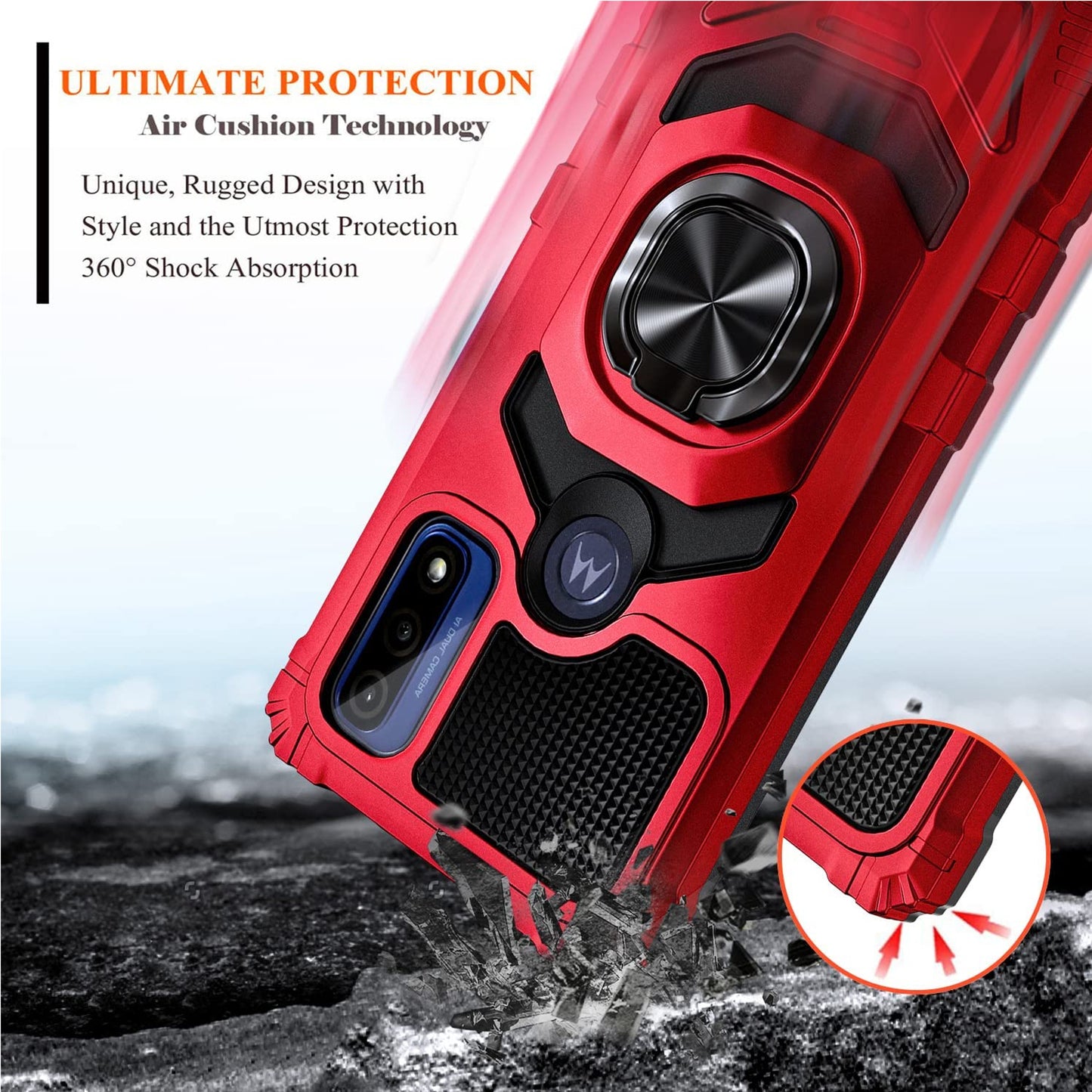 For T-Mobile Revvl 6 5G Armor Hybrid Stand Ring Hard TPU Rugged Full-Body [Military-Grade] Magnetic Car Ring Holder Red Phone Case Cover