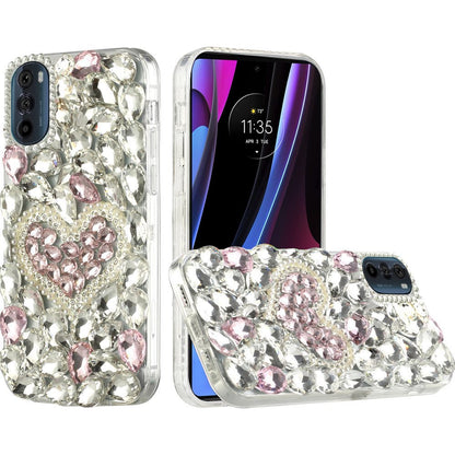 For Motorola Edge+ 2022 /Edge Plus Bling Clear Crystal 3D Full Diamonds Luxury Sparkle Rhinestone Hybrid Protective Pink Pearl Heart Phone Case Cover