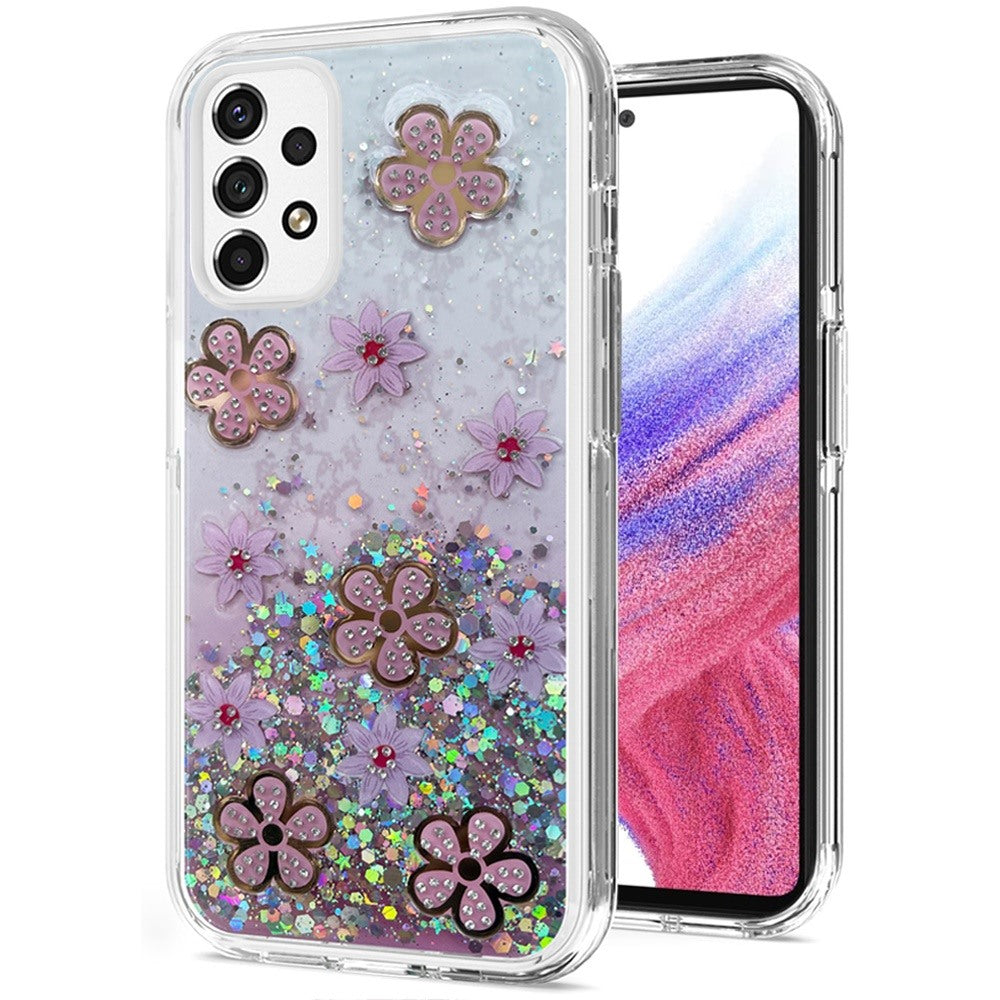 For Samsung Galaxy A53 5G Floral Stylish Design Glitter Shiny Hybrid Rubber TPU Hard PC Shockproof Armor Slim Fit  Phone Case Cover