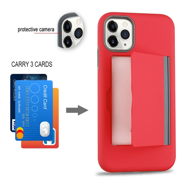 For Apple iPhone 11 (5.8") Credit Card Wallet Back Storage Invisible Pocket Dual Layer Hard PC TPU Hybrid Protective Red Phone Case Cover