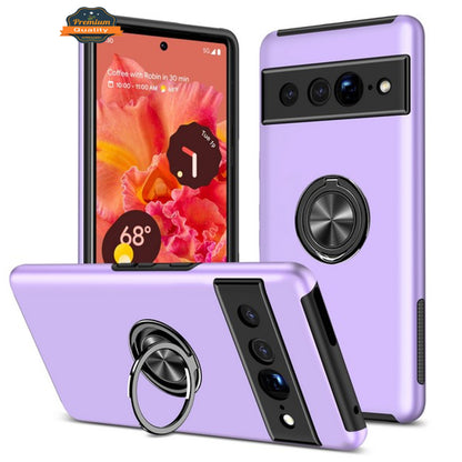 For Google Pixel 7 Hybrid Military Grade with Flat Metal Ring Stand 360° Rotation Kickstand Hard PC Back + TPU Slim Fit  Phone Case Cover