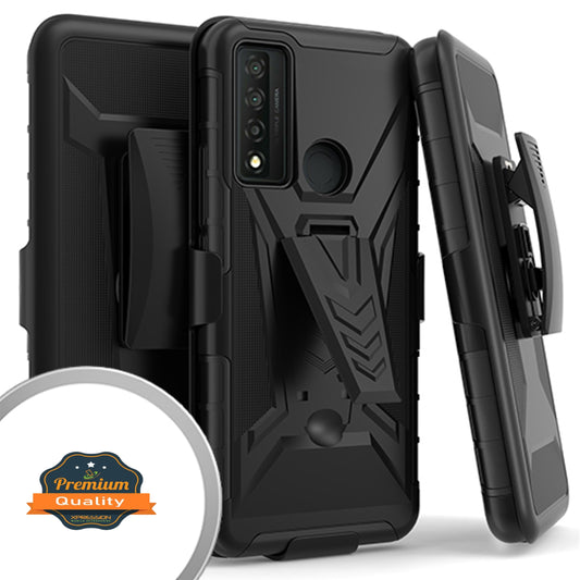 For TCL 20 XE Hybrid Belt Clip Holster with Built-in Kickstand, Heavy Duty Protective Shock Absorption Armor Defender Rugged Black Phone Case Cover