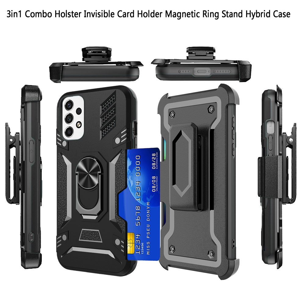 For Samsung Galaxy A53 5G Wallet Case with Invisible Credit Card Holder, 3 in 1 Combo Holster Clip and Ring Kickstand Black Phone Case Cover