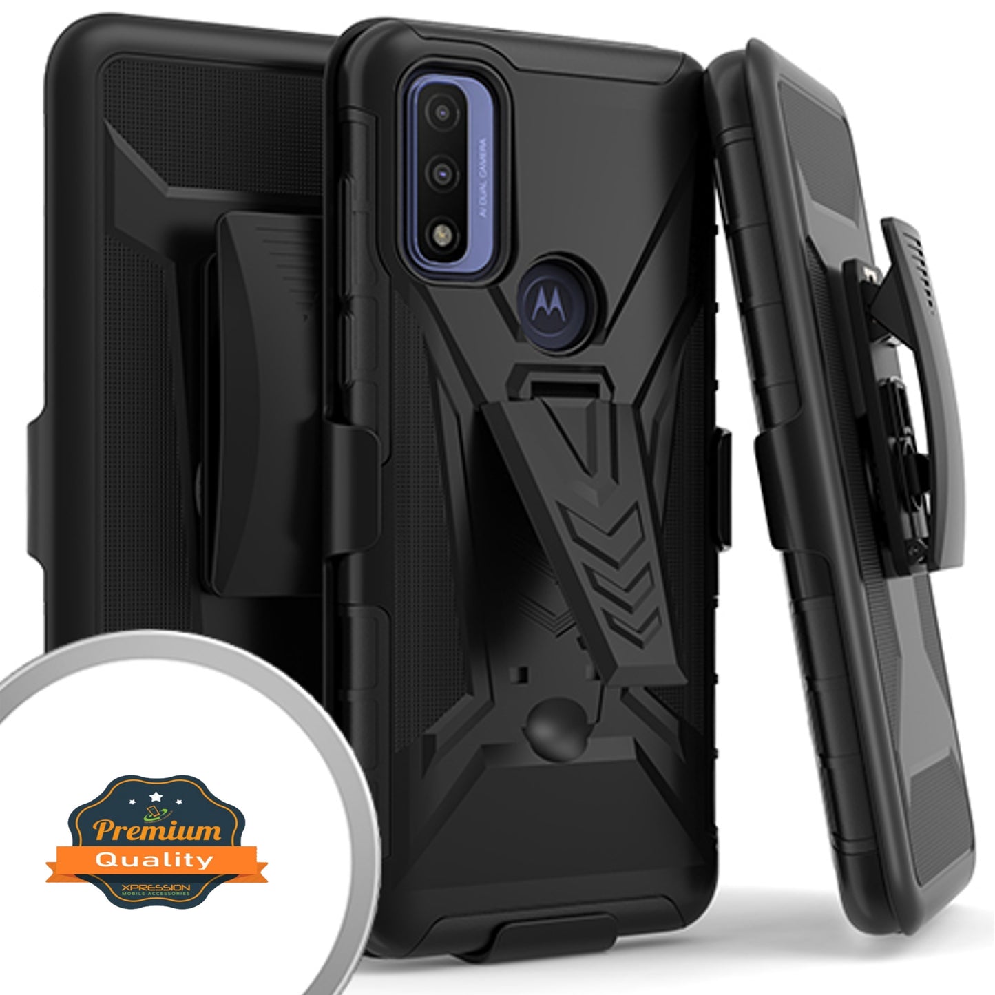 For T-Mobile Revvl 6 5G Hybrid Belt Clip Holster with Built-in Kickstand, Heavy Duty Protective Shock Absorption Armor Black Phone Case Cover