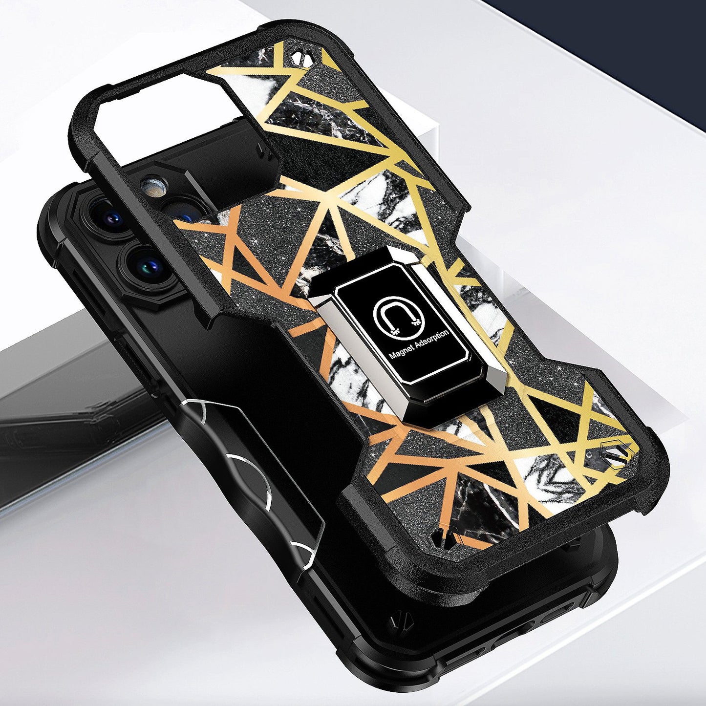 For Apple iPhone 11 (6.1") Marble IMD Stone Design Hybrid Armor with Magnetic Ring Stand Kickstand Heavy Duty Rugged  Phone Case Cover