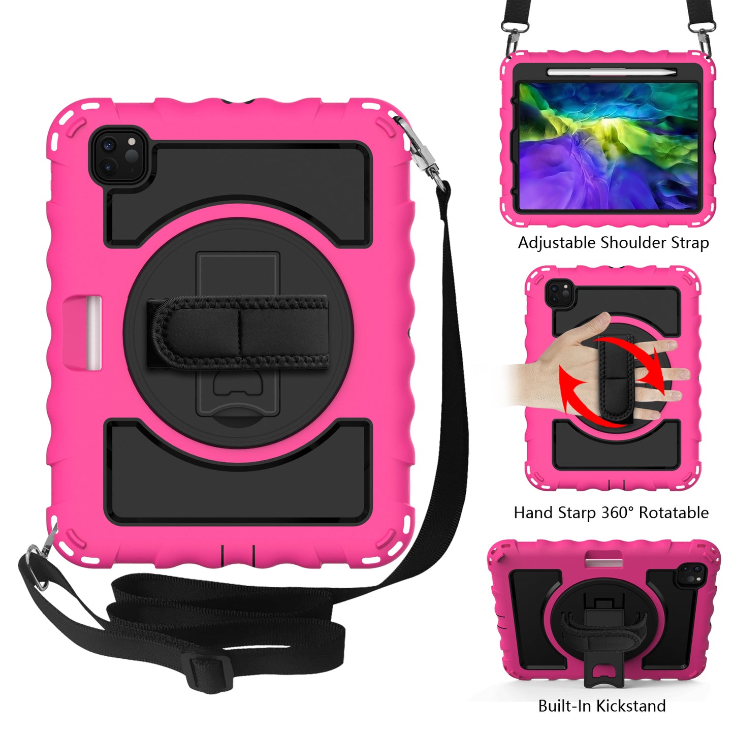 Case for Apple iPad Air 4 / iPad Air 5 / iPad Pro (11 inch) Hybrid 3in1 Armor Rugged with Built-in Kickstand 360° Rotatable Stand & Shoulder Hand Strap Corner Shockproof Hot Pink Tablet Cover