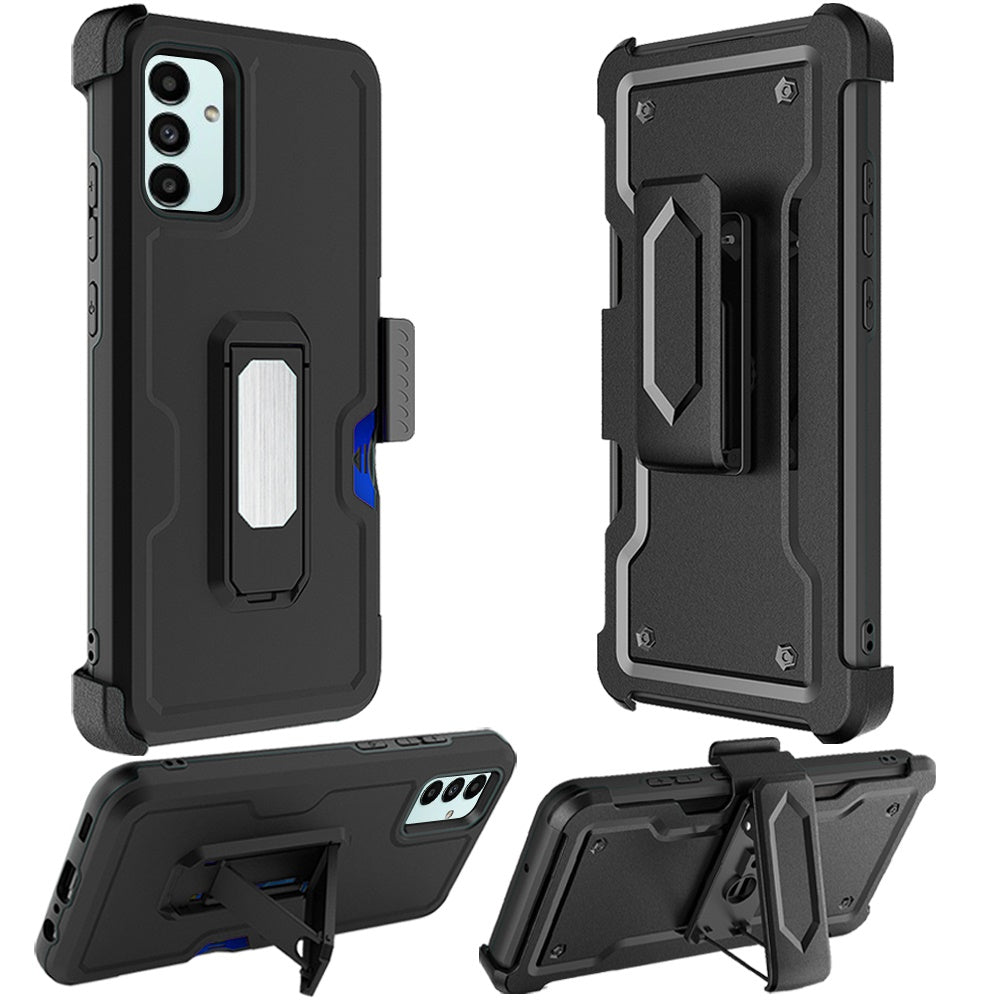 For Samsung Galaxy A13 5G Armor Belt Clip with Credit Card Holder ID Slot, Holster, Kickstand Protective Full Body Heavy Duty Hybrid  Phone Case Cover