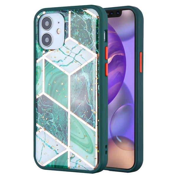 For Apple iPhone 12 Mini (5.4) Marble Stylish Design Hybrid Rubber TPU Hard PC Shockproof Armor Rugged Slim Green Marbling Phone Case Cover