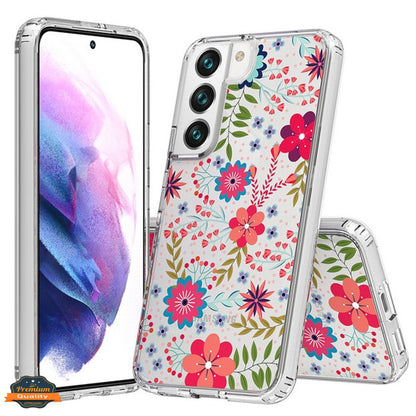 For Samsung Galaxy S22 Floral Patterns Design Transparent Soft TPU Silicone Shock Absorption Bumper Slim Hard PC Back  Phone Case Cover