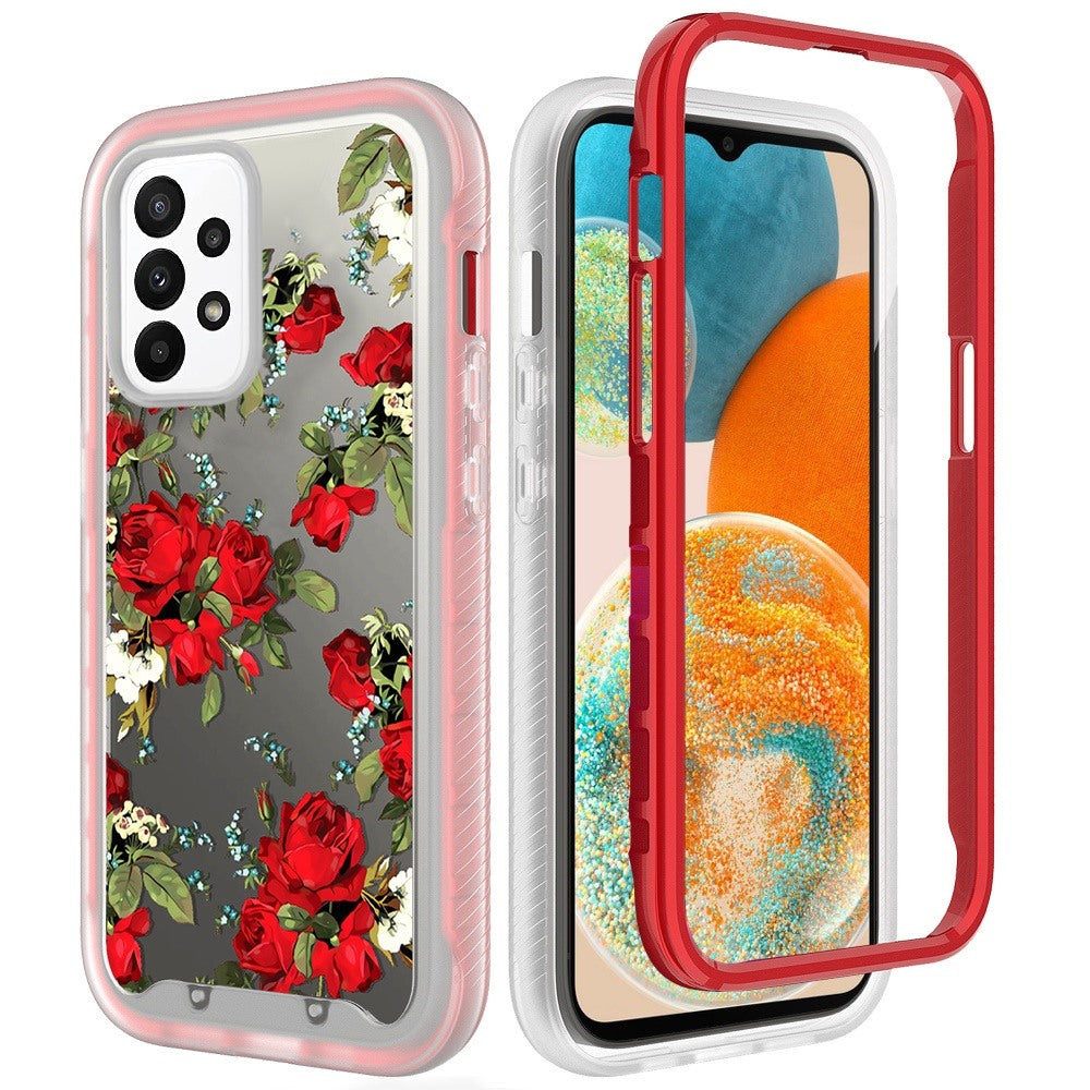 For OnePlus 10T 5G Stylish Flower Design 2in1 Hybrid Dual Layer Armor Hard PC Rubber TPU Shockproof Front Frame Clear Red Roses Phone Case Cover