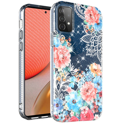 For Samsung Galaxy A72 5G Slim Hybrid Shiny Glitter Clear Floral Pattern Bloom Flower Design TPU Gel Hard PC Back  Phone Case Cover