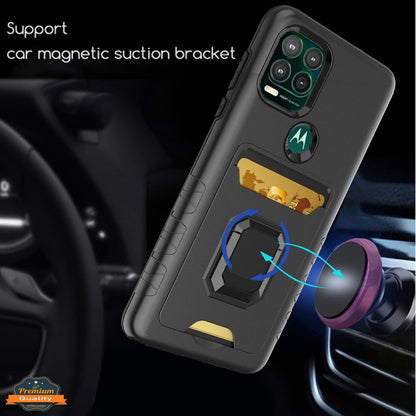 For Motorola Moto G 5G 2022 Wallet Credit Card Slot Holder with Metal Ring Kickstand Heavy Duty Shockproof Hybrid Stand  Phone Case Cover