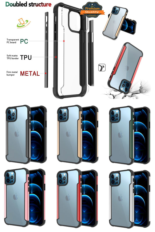 For Apple iPhone 13 Pro (6.1") Hybrid Aluminum Alloy Metal Clear Transparent Back PC TPU Bumper Shockproof  Phone Case Cover