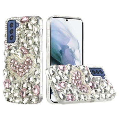 For Samsung Galaxy S21 Luxury Bling Clear Crystal 3D Full Diamonds Luxury Sparkle Rhinestone Hybrid Protective Pink Pearl Heart Phone Case Cover